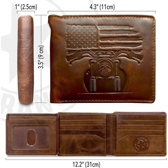Distressed Brown Leather 10 Card Slots Patriotic Biker Wallet with Chain for Men - Picture 2 of 7